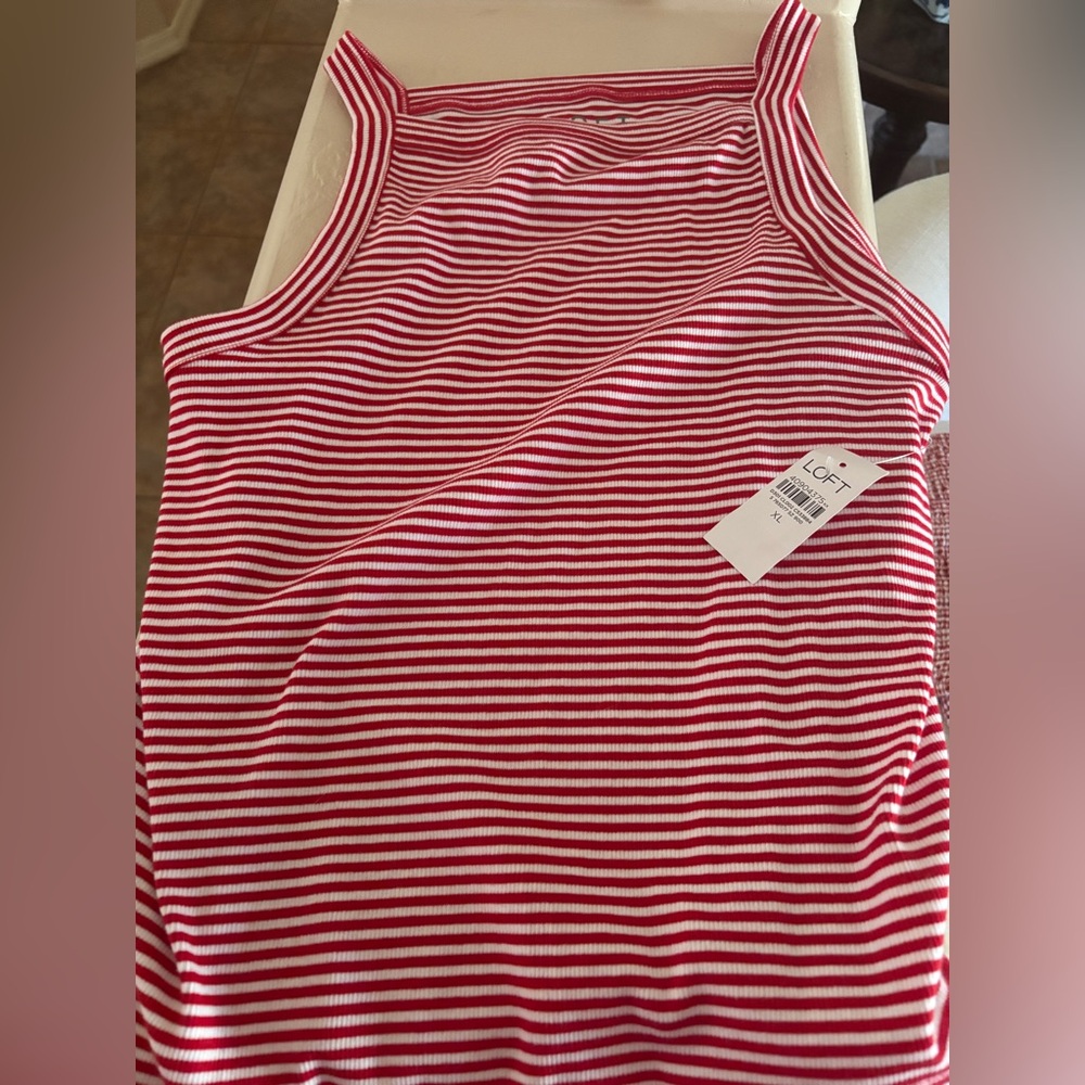 LOFT Red & White Striped Ribbed Tank Top XL